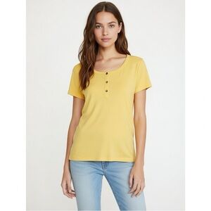 Anne Klein Sport Shirt Women’s Size Small Yellow Henley Short Sleeve Top Cotton
